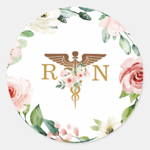 Adesivo Caduceu Dourado Floral Rosa Claro RN Graduada