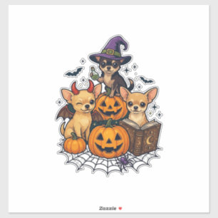 Adesivo Cães Chihuahua de Halloween Abóboras Chapéu de Bru