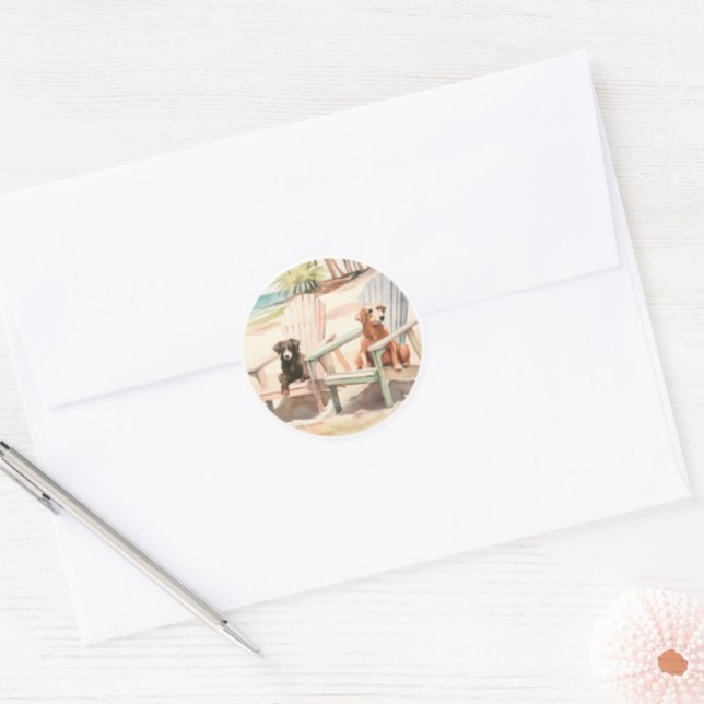 Adesivo Cães de Cena de Pastel Beach em Câmaras de Adirond (Coastal Sticker Seal with Dogs in Adirondack Chairs)