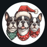 Adesivo Cães de Natal em Boston Terrier<br><div class="desc">Uma bela ilustração dos cães de Boston Terrier vestidos para o Natal. Perfeito para amantes de animais de estimação e pais de cães durante o feriado.</div>