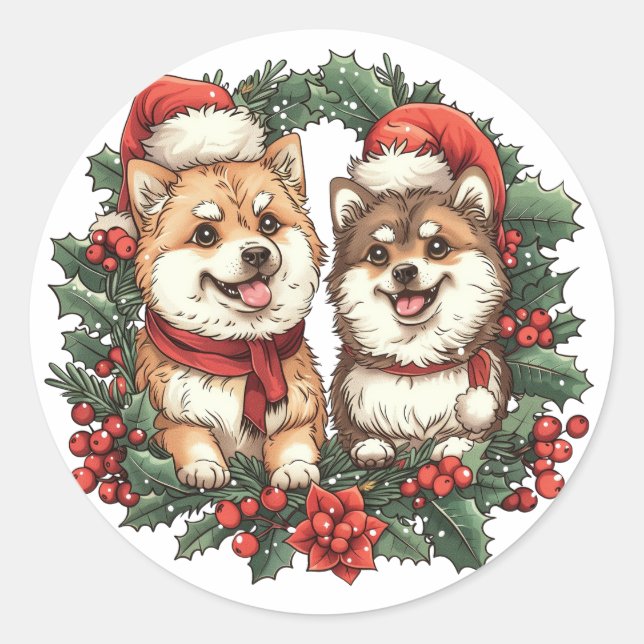 Adesivo Cães Pomeranianos Mistletoe Wreath (Frente)