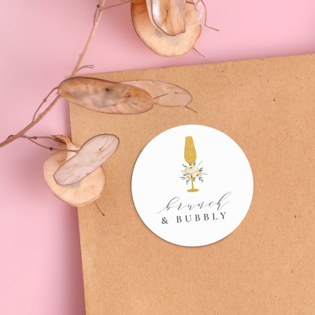 Adesivo Café da Manhã de Noiva Floral com Champanhe Dourad (Round Sticker Mock-up)