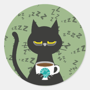 Adesivo CAFÉ, POR FAVOR! Vinheta de Gato Preto Sonolento