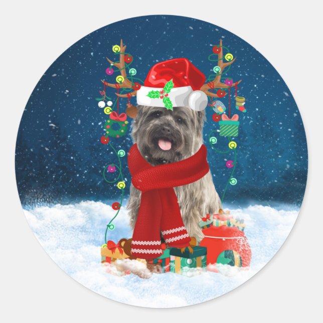 Adesivo Cairn Terrier Dog em Neve com presentes de Natal (Frente)