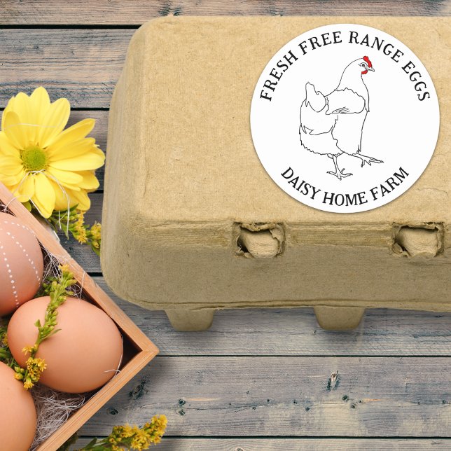 Adesivo Caixa de Ovos de Galinha Caipira Frescos (Fresh free range chicken eggs box stickers hen simple line drawing and business name)