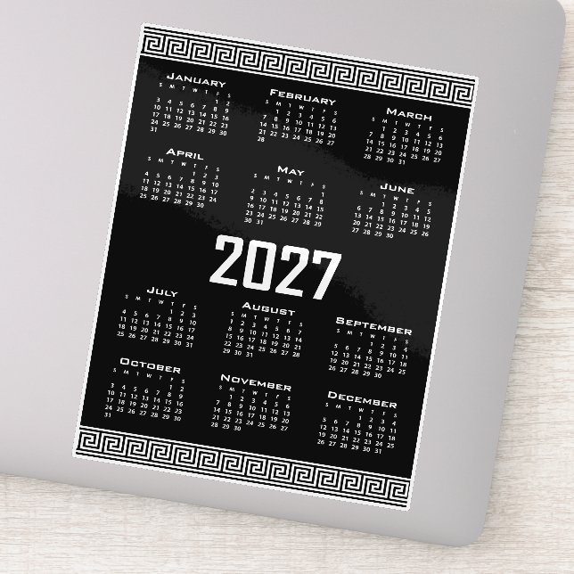 Adesivo Calendário 2027, Fretwork Grego, Branco no Preto (Detalhe)