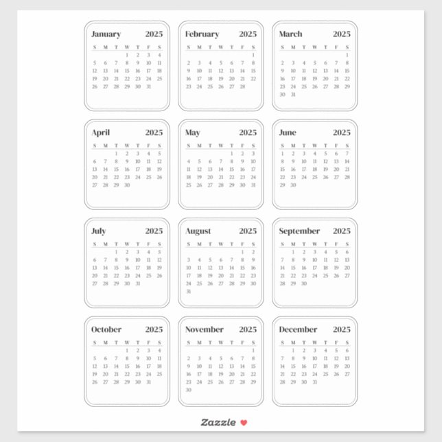 Adesivo Calendário Mínimo Simples 2025 Mensal (Folha)