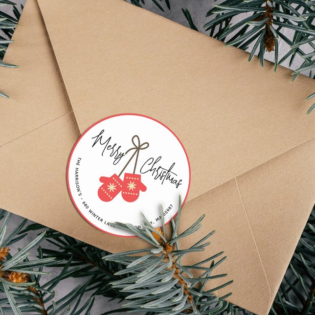 Adesivo Caligrafia Moderna Endereço de Devolução Red Mitte (Modern Calligraphy Red Mittens Return Address Classic Round Sticker)