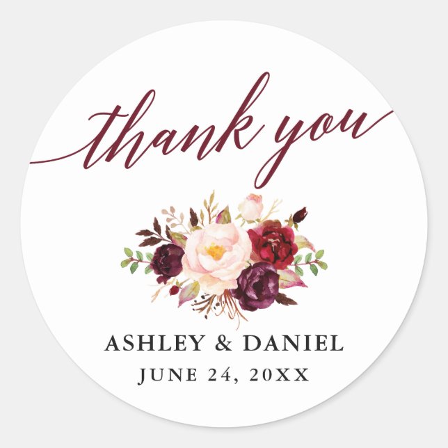 Adesivo Calligrafia Floral Burgundy Casamento Obrigado (Frente)