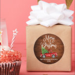 Adesivo Calligrafia Script Wood Christmas Truck<br><div class="desc">Madeira russa - Caligrafia divertida moderna Script Watercolor Vintage Red Truck com Árvore de Natal - Merry Christmas Family Name Gift Sticker</div>