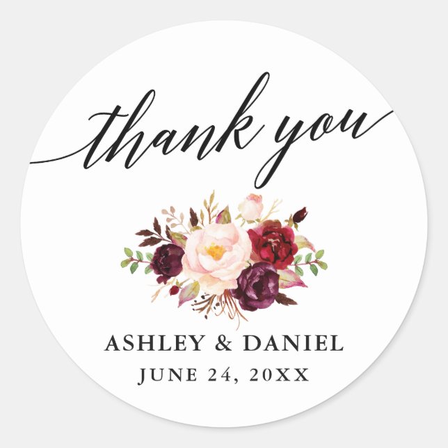 Adesivo Calliografia Burgundy Casamento Floral Obrigado (Frente)