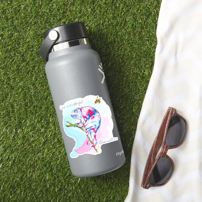 Adesivo Camaleão e abelha coloridos brilhantes. (HydroFlask Insitu)