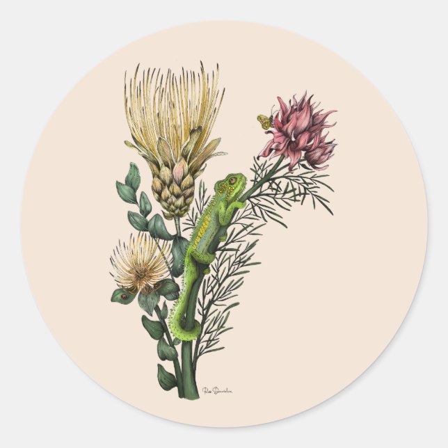 Adesivo Camaleão Fofônico em Arte Botânica com Buquê Flora (Frente)