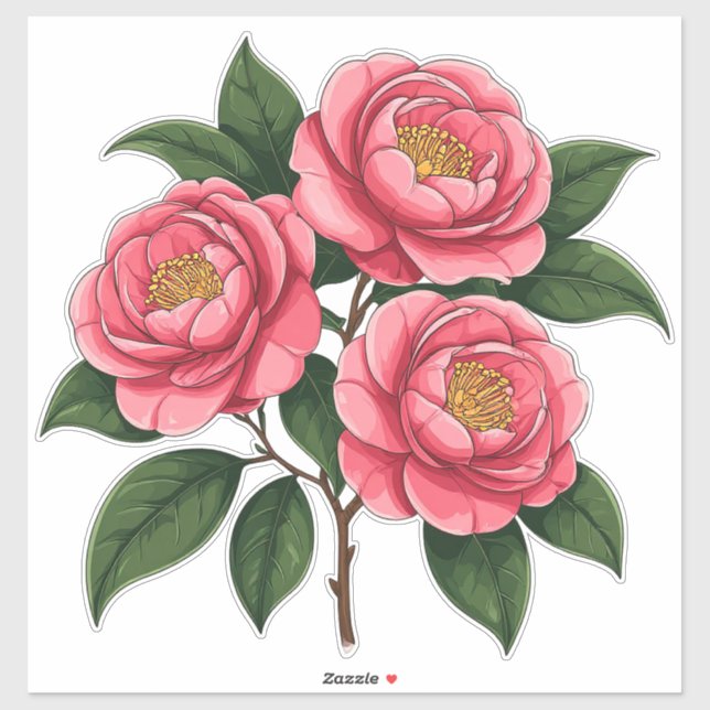 Adesivo Camélias Rosa Florindo Com Folhas Verdes (Folha)