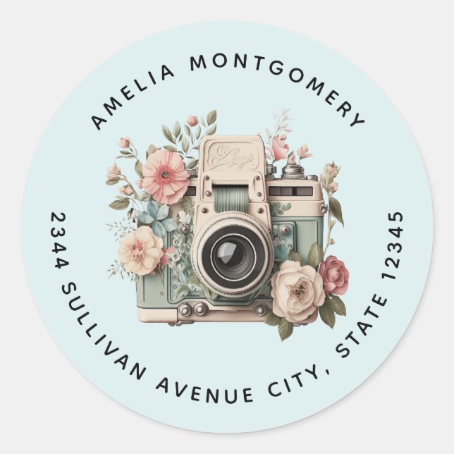 Adesivo Câmera com Imagem Retro Pastel de Flores - Endereç (Frente)