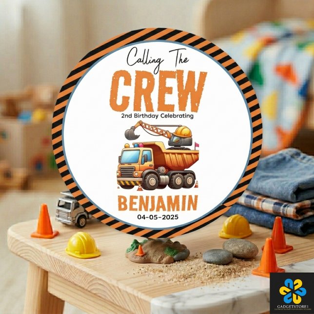 Adesivo Caminhão de Construção da Equipe de Obras Menino A (Construction Crew Dump Truck Boy 2nd Birthday Classic Round Sticker
)