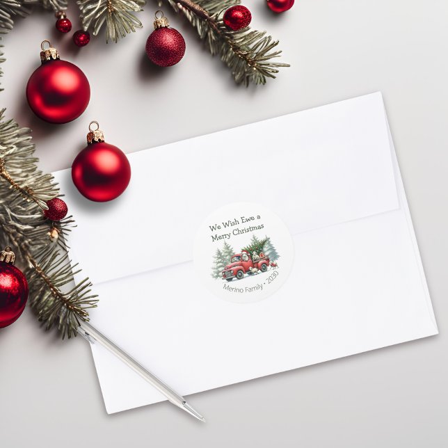 Adesivo Caminhão Vermelho Russo Vintage (we wish ewe a merry christmas vintage red truck round sticker)