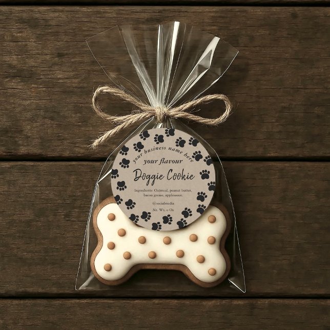 Adesivo caminho de pegada de cachorro em papel kraft marro (Dog cookie label, rustic with a paw print border framing the information with ingredients list.)