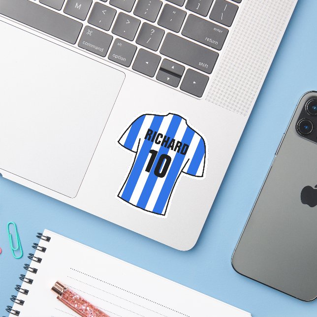 Adesivo Camisa de futebol design em Blue & White Stripes (Notebook com iPhone)