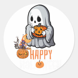 Adesivo Camiseta "Feliz Halloween" com Fantasma e Abóbora