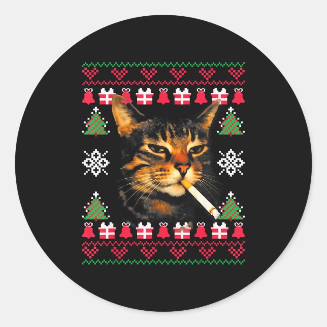Adesivo Camisola Feia de Natal engraçada para gato fumante (Frente)