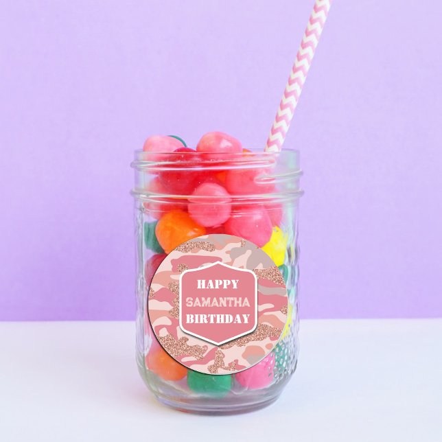 Adesivo Camouflage Rosa Dourado Blush Pink Camo Aniversári (Camouflage Rose Gold Blush Pink Camo Army Birthday Classic Round Sticker)