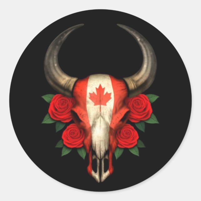 Adesivo Canadian Flag Bull Skull com Rosas vermelhas (Frente)