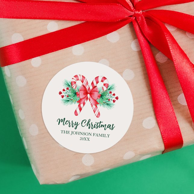 Adesivo Canas de Pimenta e Arco de Natal (Peppermint Candy Canes and Bow Christmas Classic Round Sticker)