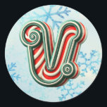Adesivo Candy Cane Christmas "V" Sticker, Stripes Festivas<br><div class="desc">Adicione um toque festivo aos seus presentes de férias e decoração com estes adesivos redondos com a letra "V" num design de cana doce alegre. Perfeito para personalizar presentes, cartas e favoritos para festas! Personalize esta design com um monograma, nome ou foto. © Copyright 2024 P.D., Padrões e pinturas de...</div>