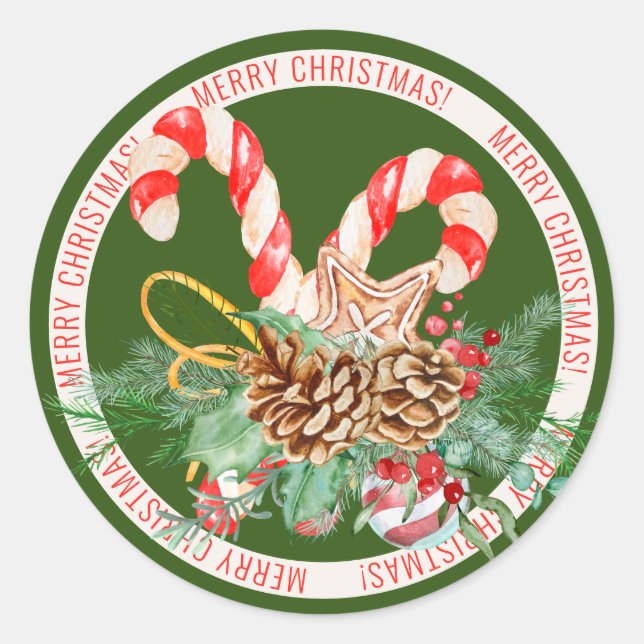 Adesivo Candy Cane Merry Christmas Round Sticker (Frente)