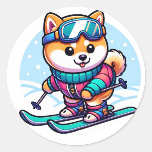 Adesivo Cão bonito esquiando Shiba no inverno