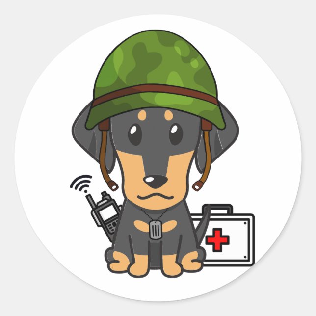 Adesivo Cão Cachshund Vestido capacete do exército (Frente)