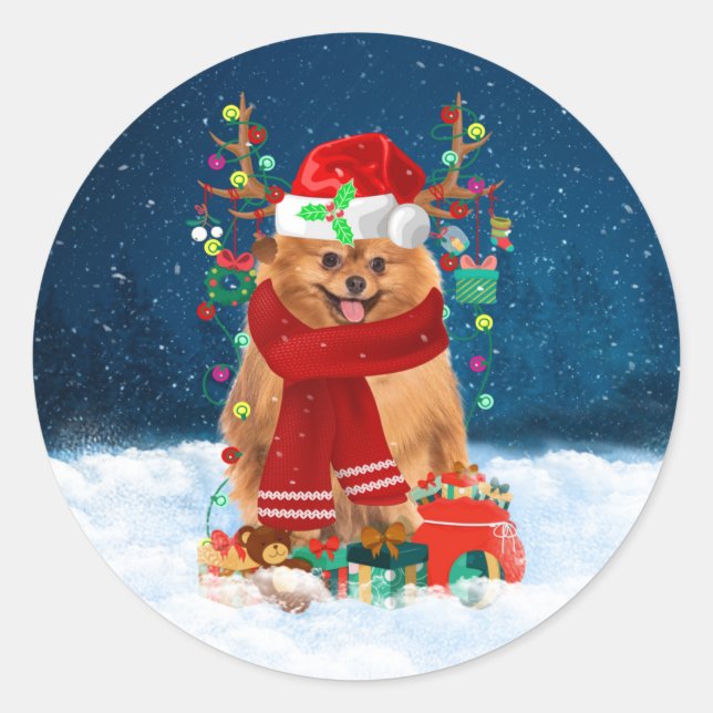 Adesivo Cão da Pomerânia com presentes de Natal (Frente)