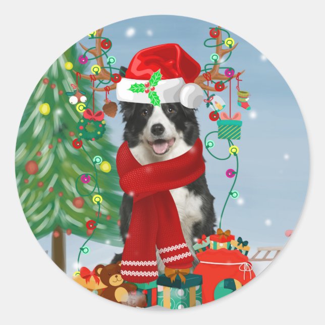 Adesivo Cão de Collie na neve com presentes de Natal (Frente)