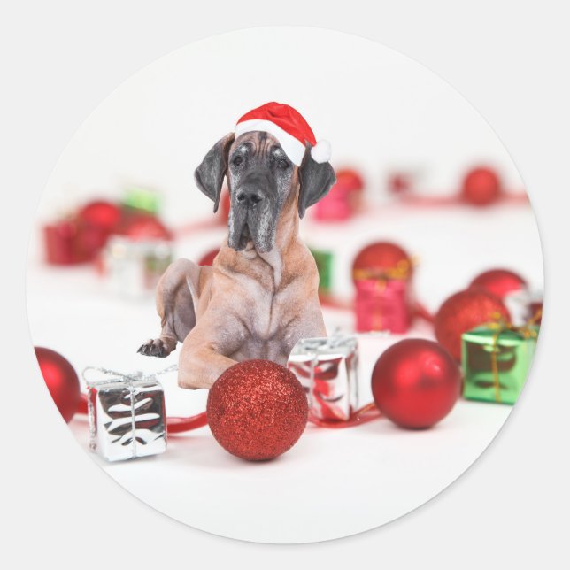 Adesivo Cão Dogue Alemão com Enfeites de Natal Presentes (Frente)