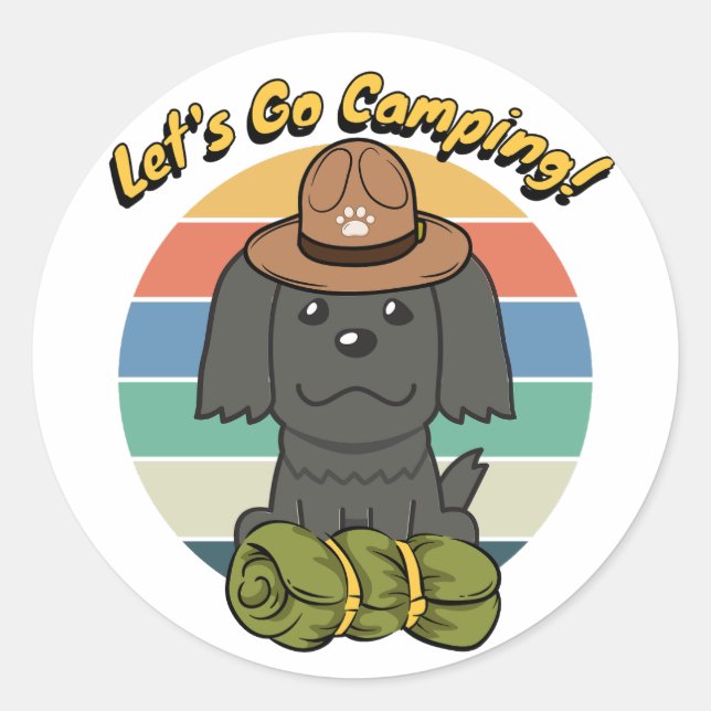 Adesivo Cão negro engraçado quer ir acampar (Frente)