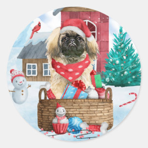Adesivo Cão Pequinês na Casa de Natal na Neve