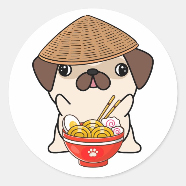 Adesivo Cãozinho engraçado está comendo macarrão (Frente)