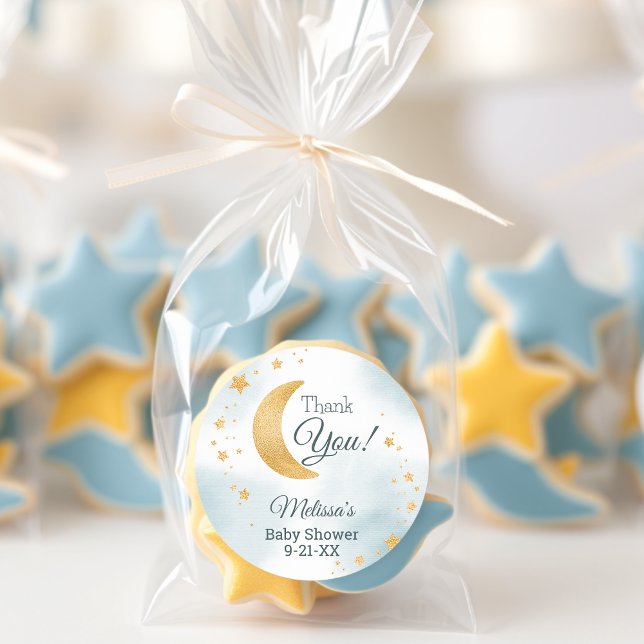 Adesivo Caprichoso Além da Lua Obrigado Churrasco de Bebê (Whimsical Over the Moon Thank You Baby Shower Classic Round Sticker)