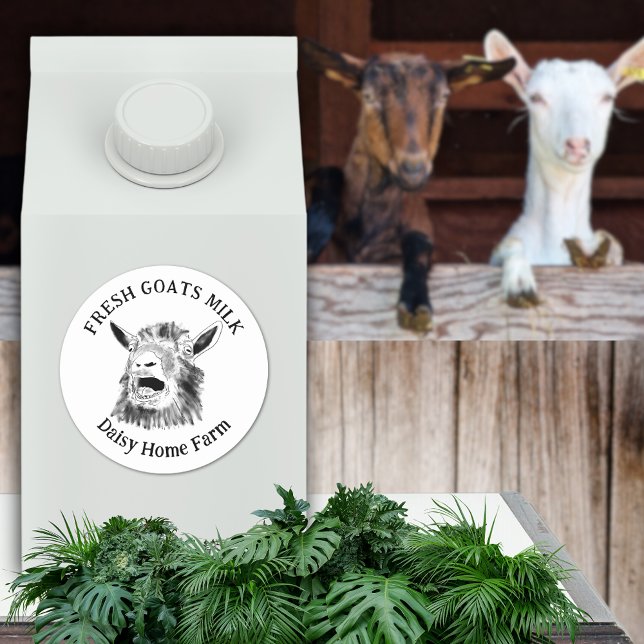Adesivo Caprinos Leite Engraçado Caprino (Fresh goats milk custom business name black and white produce label with funny screaming goat art)