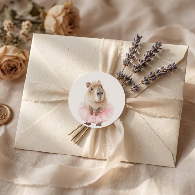 Adesivo Capybara Baby Shower  (watercolor baby shower sticker with pink tutu capybara on soft white background)