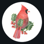 Adesivo Cardeal de Holly Christmas Sticker<br><div class="desc">Etiquetas de cartões de natal de aquarelas do artista Dolores Robak - O Cardeal de Norte masculino é inconfundível,  com sua plumagem vermelha brilhante e máscara preta. Este belo pássaro vermelho é ainda mais chocante entre as vibrantes folhas verdes e as bagas vermelhas de uma árvore sagrada.</div>