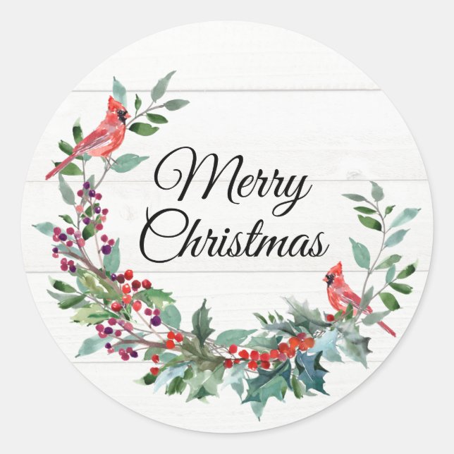 Adesivo Cardeal Merry Christmas Watercolor Wreath (Frente)