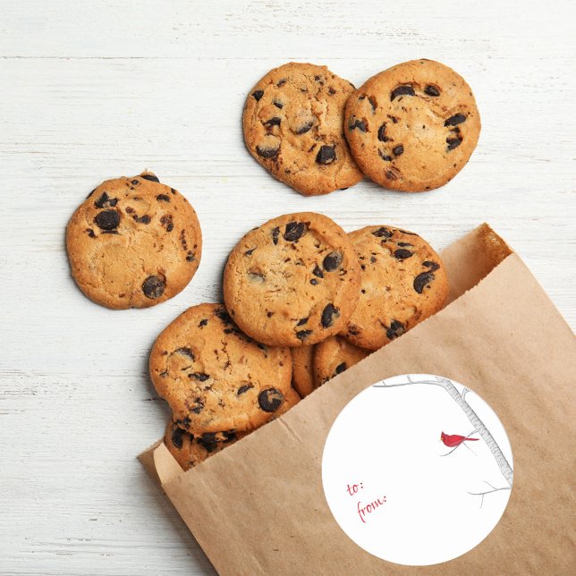 Adesivo Cardeal Vermelho Elegante Minimalista De Inverno P (Simple watercolor red cardinal circle sticker with "to" and "from" wording.)