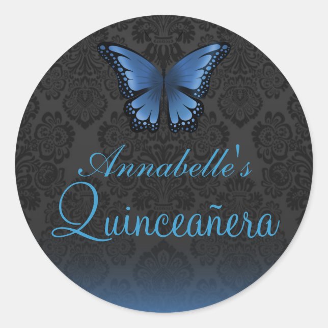Adesivo Carimbo Azul Butterfly & Damask Quinceañera (Frente)