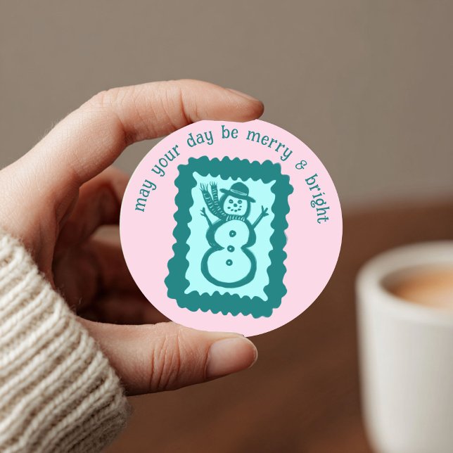 Adesivo Carimbo de Natal Caprichoso Cute Personalizado Ale (Whimsical Christmas Stamp Cute Custom Merry Bright Snowman Classic Round Sticker
)