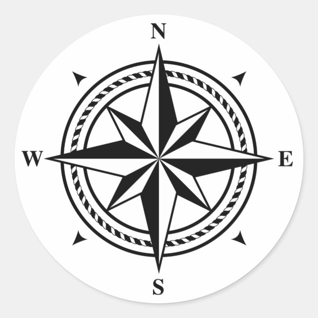 Adesivo Carimbo de rosa de bússola preto e branco (Frente)