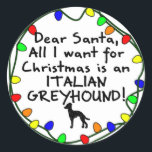 Adesivo Caros Papais noeis Italianos Greyhound<br><div class="desc">Caros Papais noeis, tudo o que quero para o Natal é um Greyhound italiano! Os adornos divertidos de cães de férias e outros itens estão aninhados numa série de luzes de Natal coloridas, e um pequeno desenho da raça de cães por uma criança. Extremamente fofo, perfeito para incluir seu Greyhound...</div>