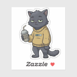 Adesivo Carregando Sticker de Gato Preto com Café Gelado I