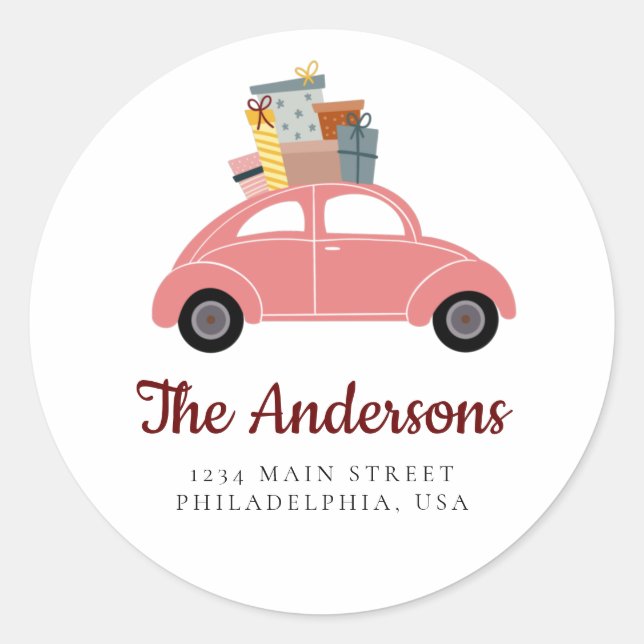 Adesivo Carro de férias cor-de-rosa com endereço de oferta (Frente)